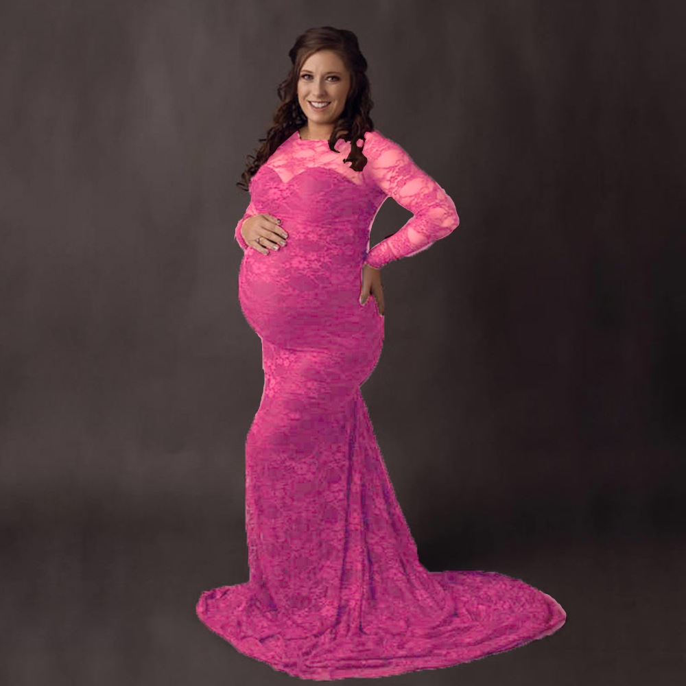 Women's Lace Maternity Round Neck Collar Trailing Long Dress Plum Red - Shop at LoveMi