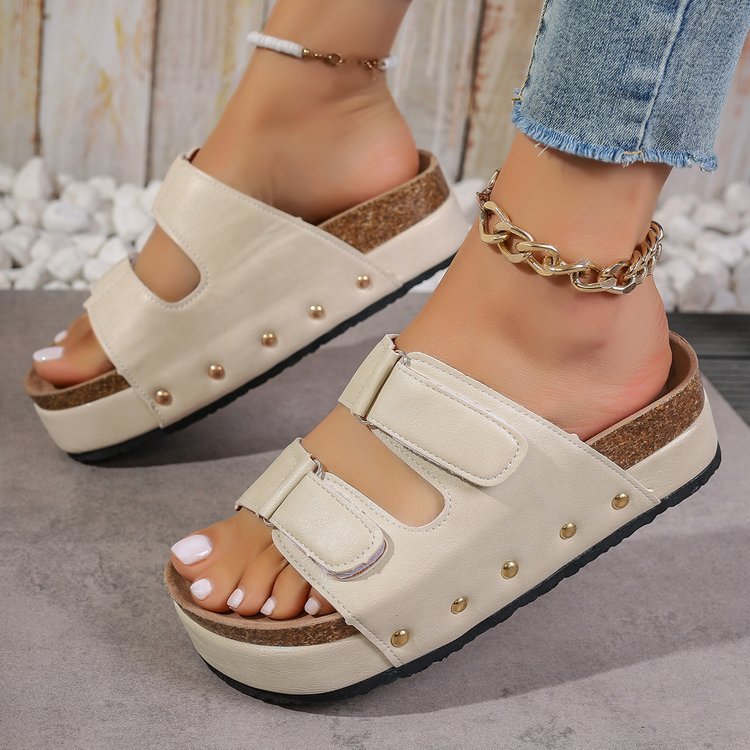 Womens Beach Shoes With Thick Soles Rivets Velcro Straps And Round Toes