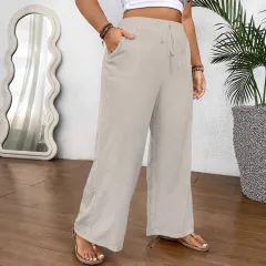 Drawstring Wide Leg Pocket Trousers Loose Women - Khaki - View 1