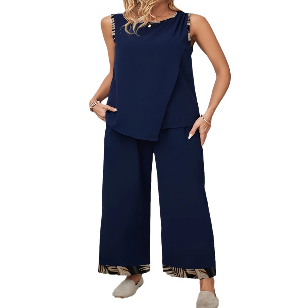 New Round-neck Sleeveless Asymmetrical Top And Pants Cotton Set With Pockets 3