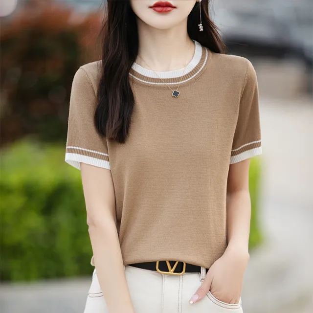 Fashion Women's Thin Color Block Basic Shirt Khaki - Shop at LoveMi