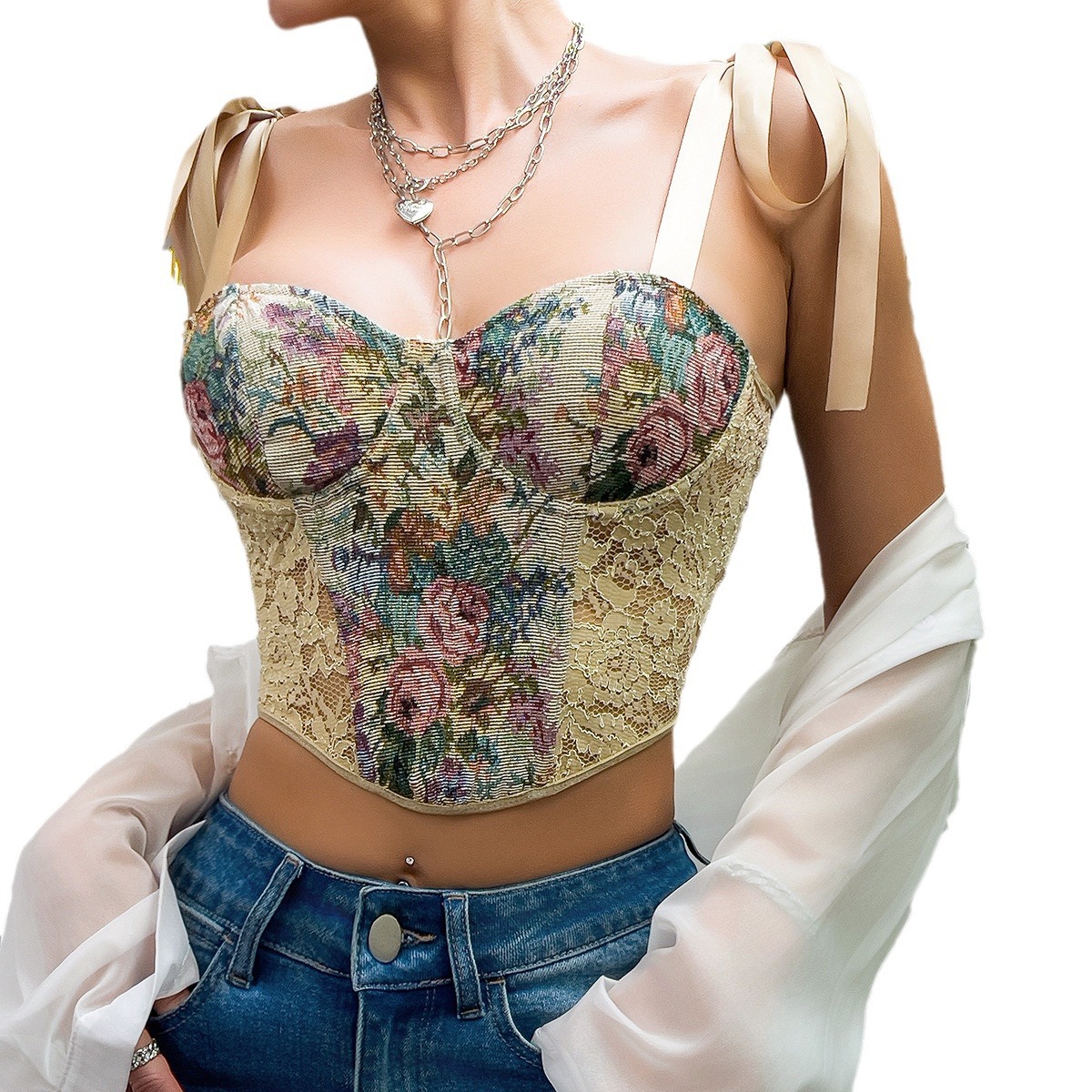 Women's Vintage Flower Backless Lace-up Vest
