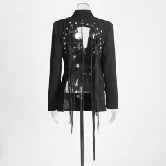 Fashion Double Breasted Solid Colour New Hollow Out Coat - Black - View 1