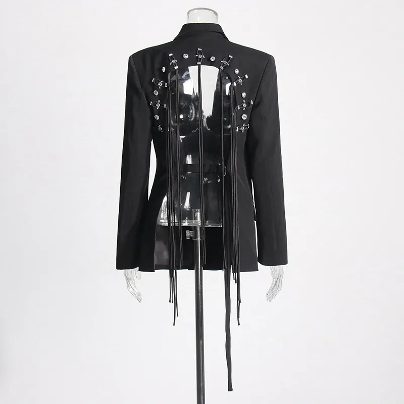 Fashion Double Breasted Solid Color New Hollow Out Coat - Black