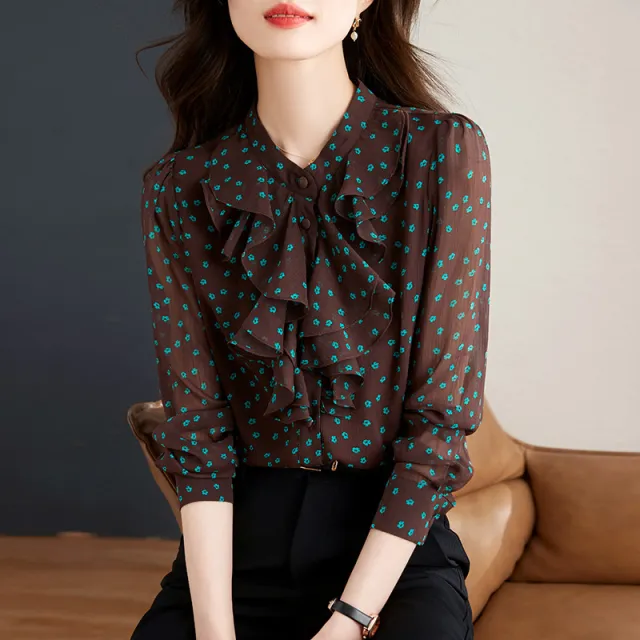 Lotus Leaf Lace Collar Long Sleeve Small Flower Chiffon Shirt Color Xl - Shop at LoveMi