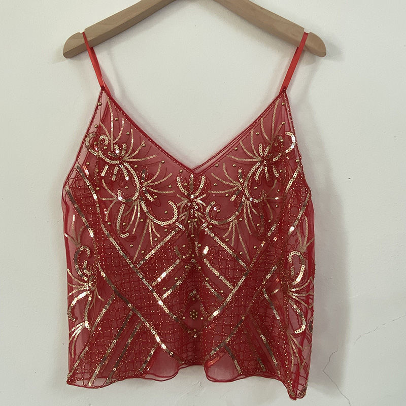 Heavy Embroidery Sequins Beaded Inner V neck Vest Red And Gold - Shop at LoveMi