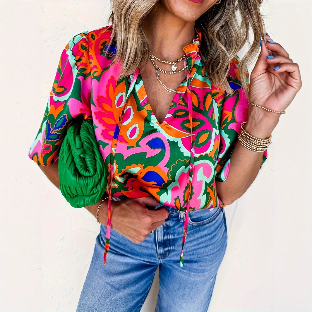 Womens Breathable V-Neck Printed Casual Shirt For Summer Workouts