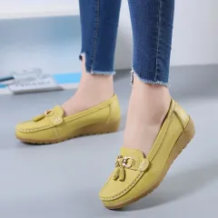 Genuine Leather Non-slip Beef Tendon Flat Loafers Women's Pumps Slip-on Plus Size Women's Shoes - Yellow - View 1