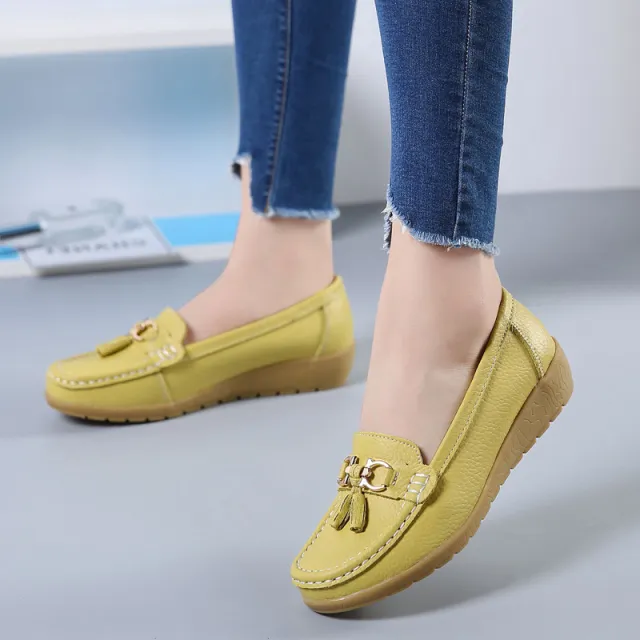 Genuine Leather Non slip Beef Tendon Flat Loafers Women's Pumps Slip on Plus Size Women's Shoes Yellow - Shop at LoveMi
