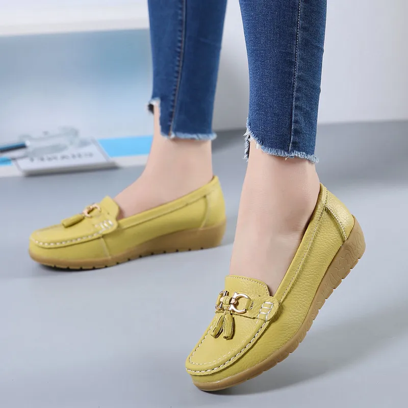 Genuine Leather Non-slip Beef Tendon Flat Loafers Women's Pumps Slip-on Plus Size Women's Shoes - Yellow
