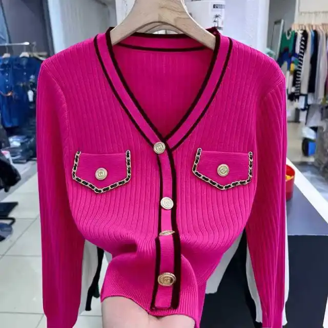 Classic Style V neck Knitted Pullover Women Slim Fit Sweater Rose Red - Shop at LoveMi