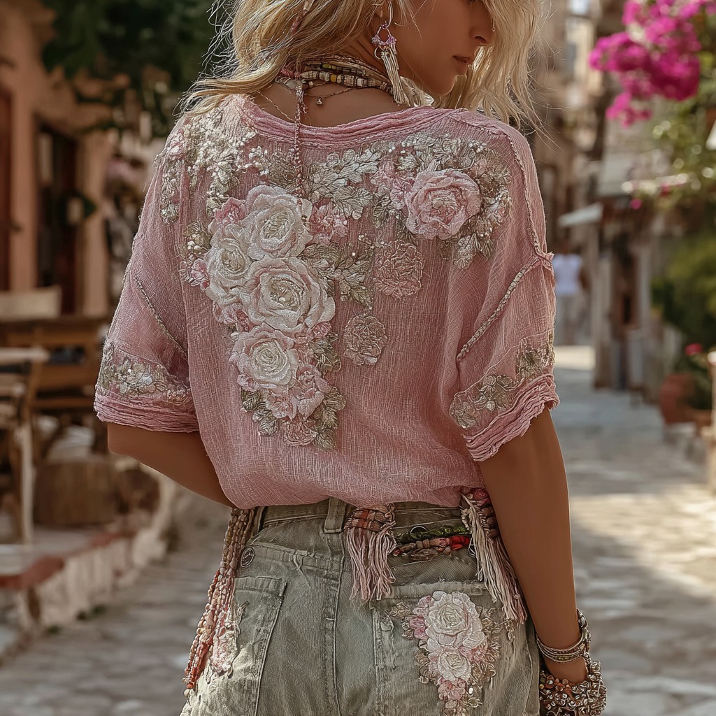 Womens Retro Printed Patchwork Crew-Neck Top - Image 2