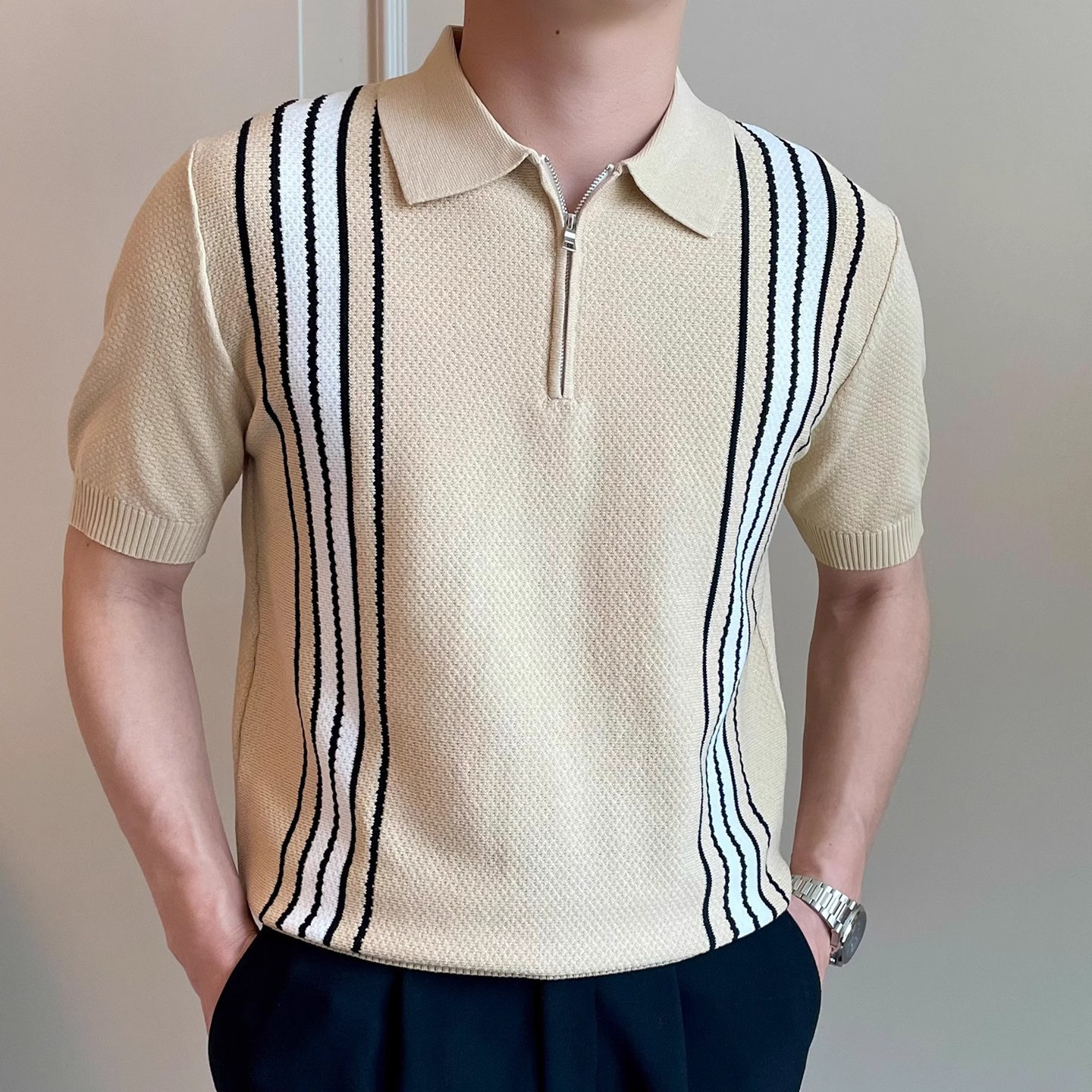 Summer New Mens Retro Color-Block Pineapple-Pattern Jacquard Striped Casual Knitted Polo Shirt
