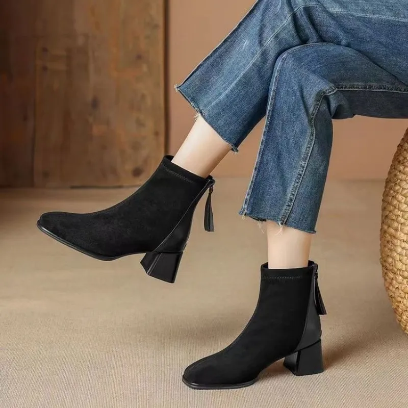 French Style Suede Boots Chunky Heel Thin Women's - Black