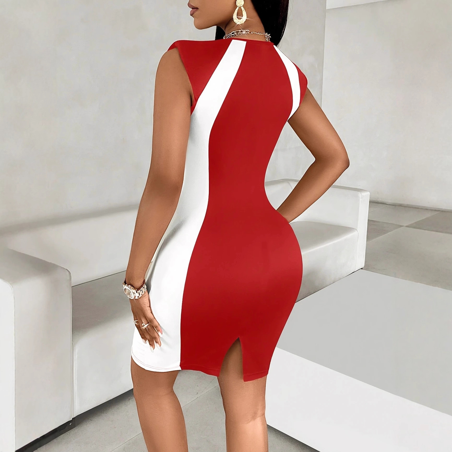 Round-neck Printed Sleeveless Color-block Sexy Slim-fit Bodycon Dress — foto 7