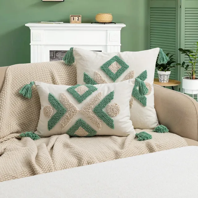Moroccan Geometric Loop Velvet Tassel Living Room Sofa Cushion Cover Beige Blue - Shop at LoveMi