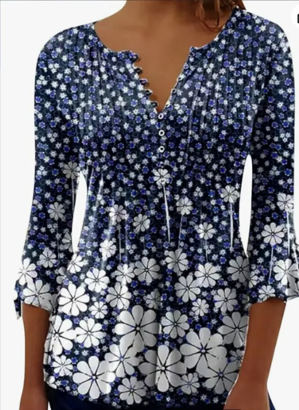 Women's Trendy V neck 3D Printing Long Sleeve Underwear Blouse S231000185 - Shop at LoveMi