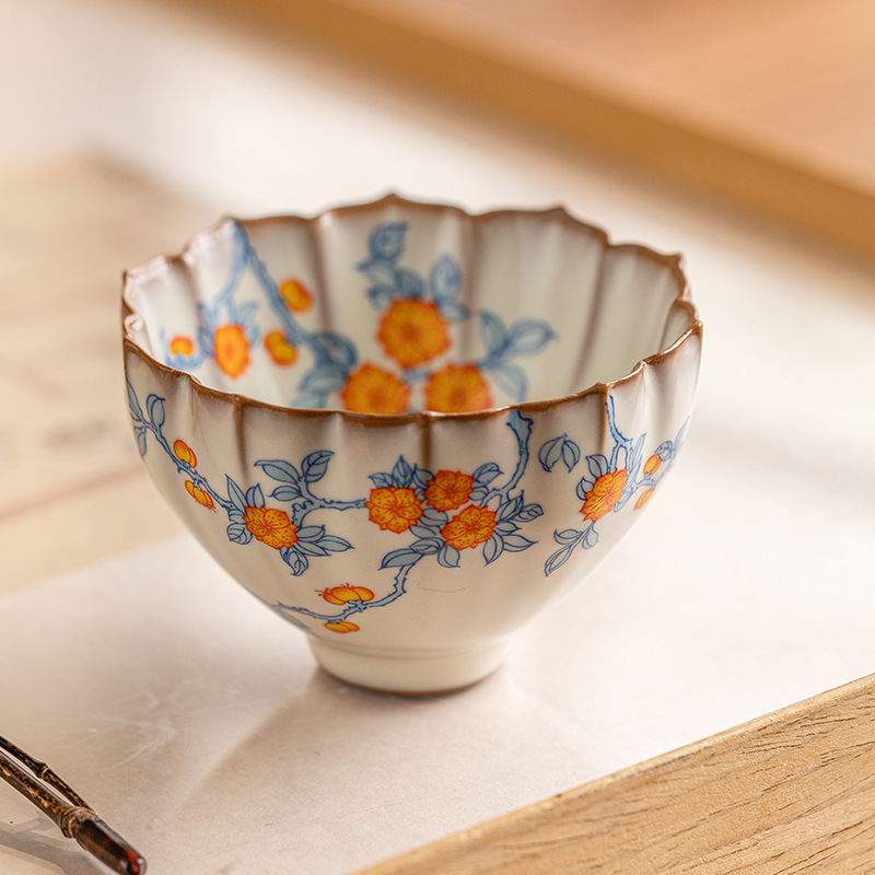 Apricot Flower Blue Branch Lotus Petal Cup Ru Ware Tea Cup Special Kombucha Tea Cup
