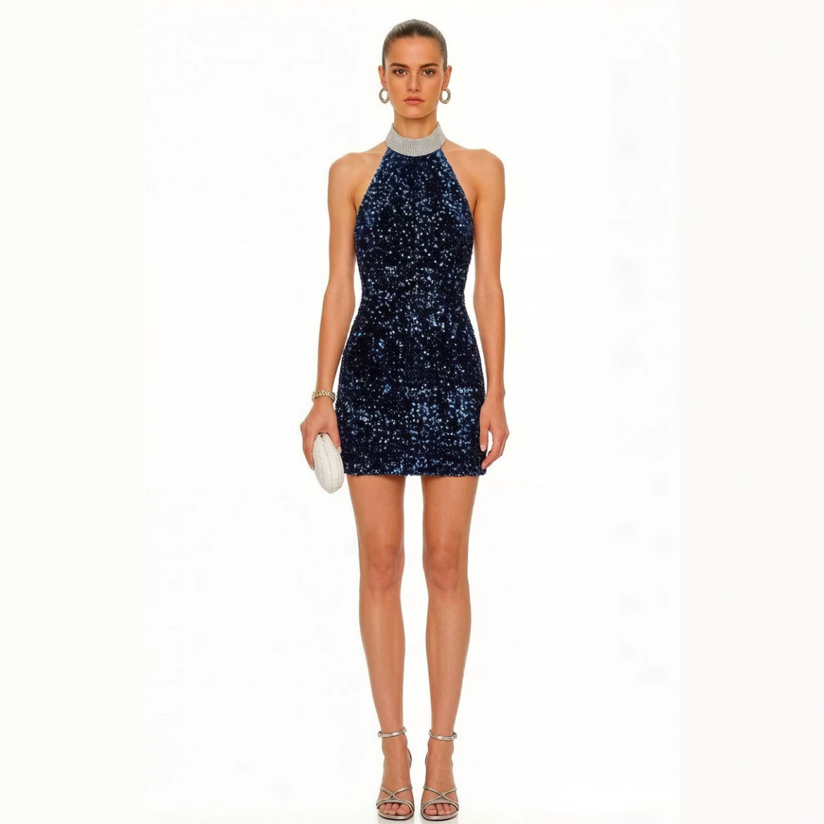 European And American Style Sexy Halter Neck Figure-hugging Colorful Sequined Mini Dress