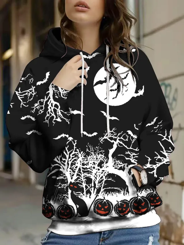 Autumn And Winter Halloween Digital Printed Hoodie Black And White - Shop at LoveMi