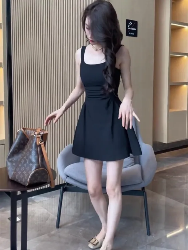 High end Pure Desire Waist cinching A line Camisole Dress Ds125 Black - Shop at LoveMi
