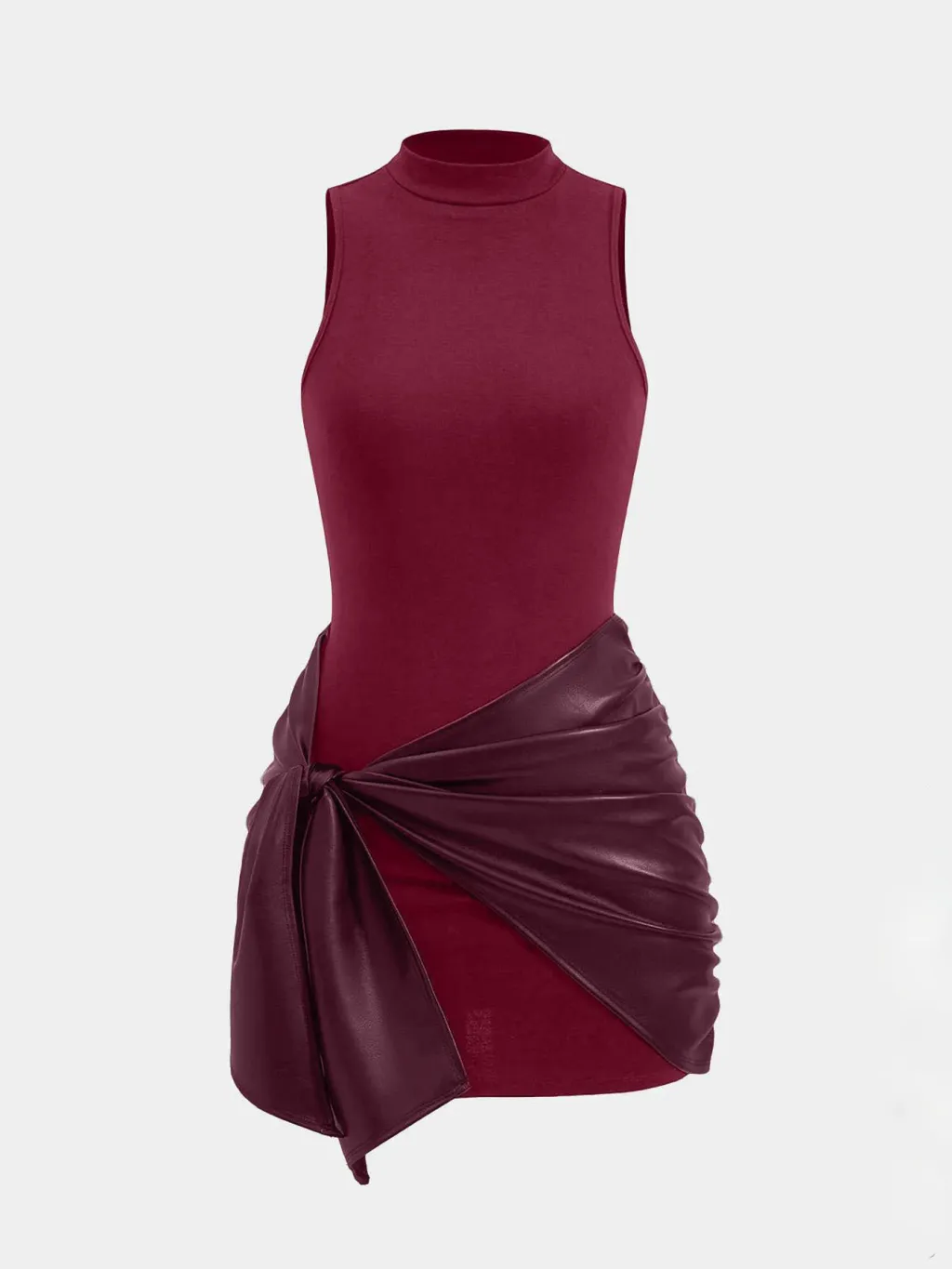 Solid Color Sleeveless Mini Dress Front Lace-up PU Decoration Two-piece Set - Wine Red