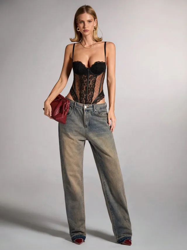 Pure Desire Wind Lace Floral Border Mesh Polka Dot Low cut Jumpsuit With Steel Ring Black - Shop at LoveMi