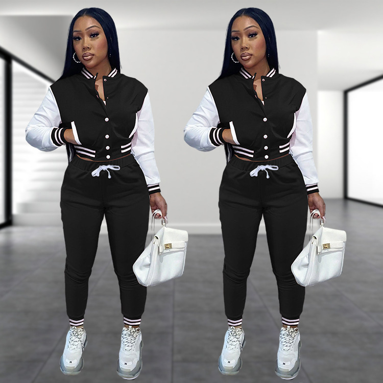 Stitching Jacket Single-breasted Baseball Set Wear Sports Two-piece Women's Clothing