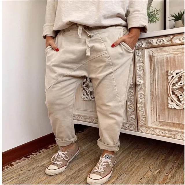 European And American Patchwork Drawstring Elastic Harem Casual Pants Pure Cotton Apricot - Shop at LoveMi