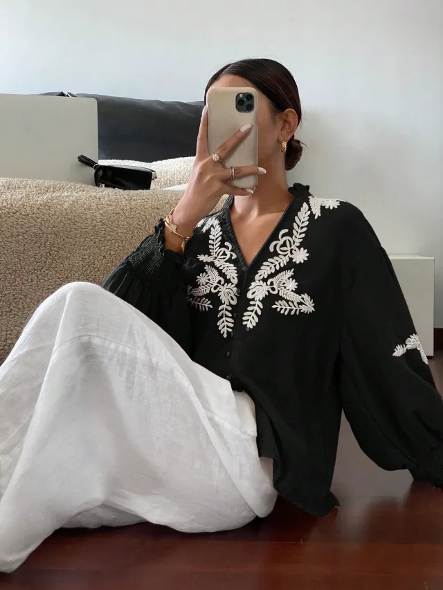 V neck Machine Embroidery Pearl Single breasted Lantern Long Sleeve Top Black - Shop at LoveMi