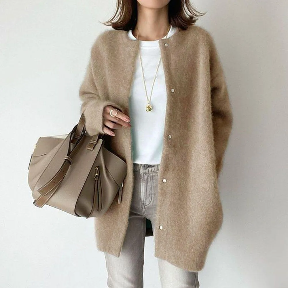 Loose Round Neck Single Breasted Cardigan Fashion Solid Colour Coat Jacket Autumn And Winter Women's Clothing - Khaki