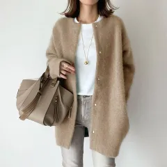 Loose Round Neck Single Breasted Cardigan Fashion Solid Colour Coat Jacket Autumn And Winter Women's Clothing - Khaki - View 1