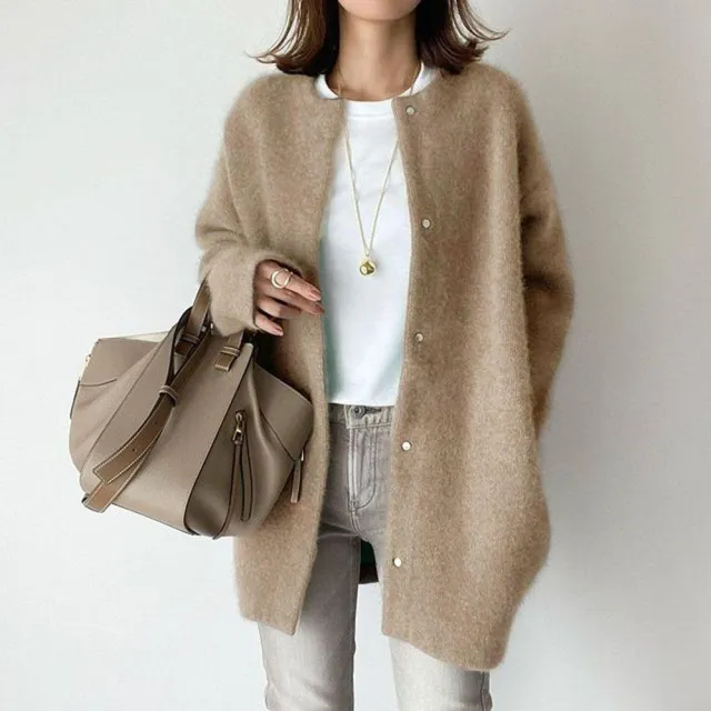 Loose Round Neck Single Breasted Cardigan Fashion Solid Color Coat Jacket Autumn And Winter Women's Clothing Khaki - Shop at LoveMi