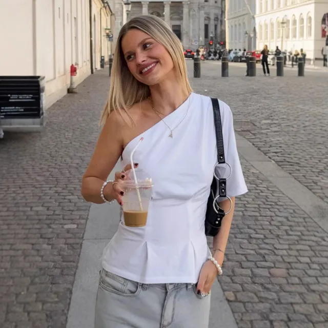White Diagonal Collar T shirt Women's Design Asymmetric Off shoulder Top White - Shop at LoveMi