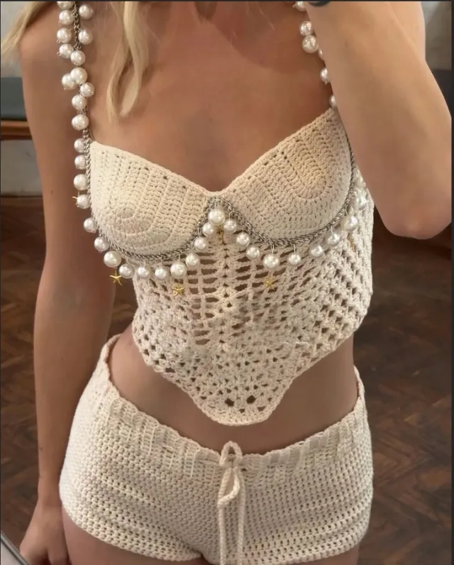 Sexy Solid Color Crop top Spaghetti strap Beading Top Beige - Shop at LoveMi
