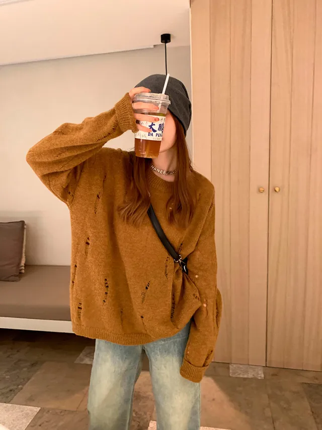 Autumn And Winter Loose Idle Style Design Sense Style Long Sleeve Knitwear Top Yellow - Shop at LoveMi