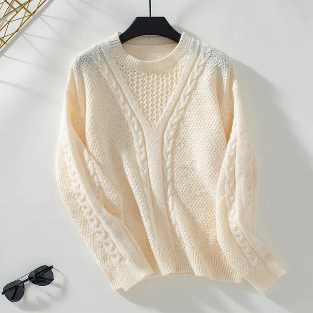 Solid Color Hollow out Pullover Autumn Winter Retro Knitwear Sweater Beige - Shop at LoveMi