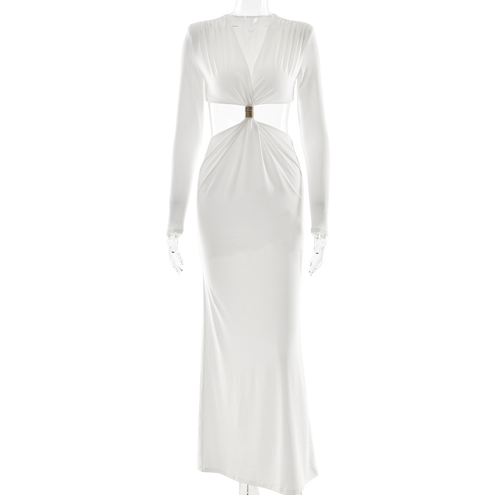 Elegant Deep V Long Sleeve Dress Sexy Cutout White - Shop at LoveMi