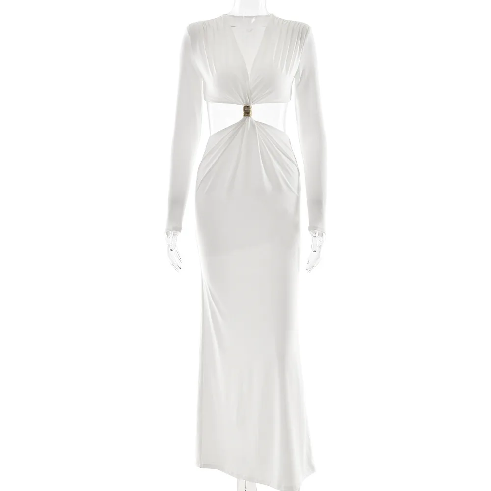 Elegant Deep V Long Sleeve Dress Sexy Cutout - White