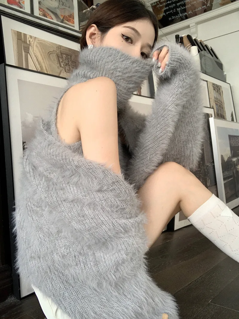 Mink Fur Halter Pure Sweet Sweater Vest Suit - Grey