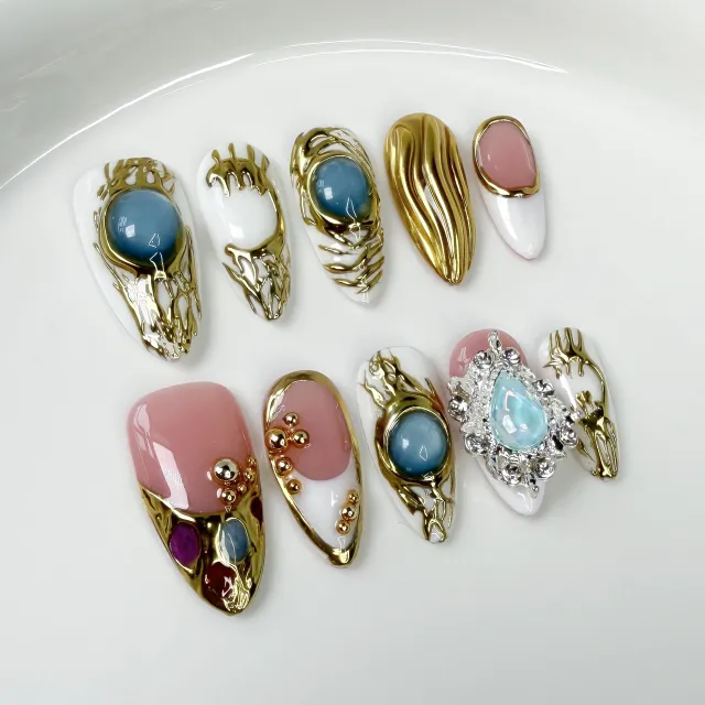 Metal Relief Almond Nail Art Ice Transparent French Pure Desire Heavy Industry Wear Nail Medium Almond - Shop at LoveMi
