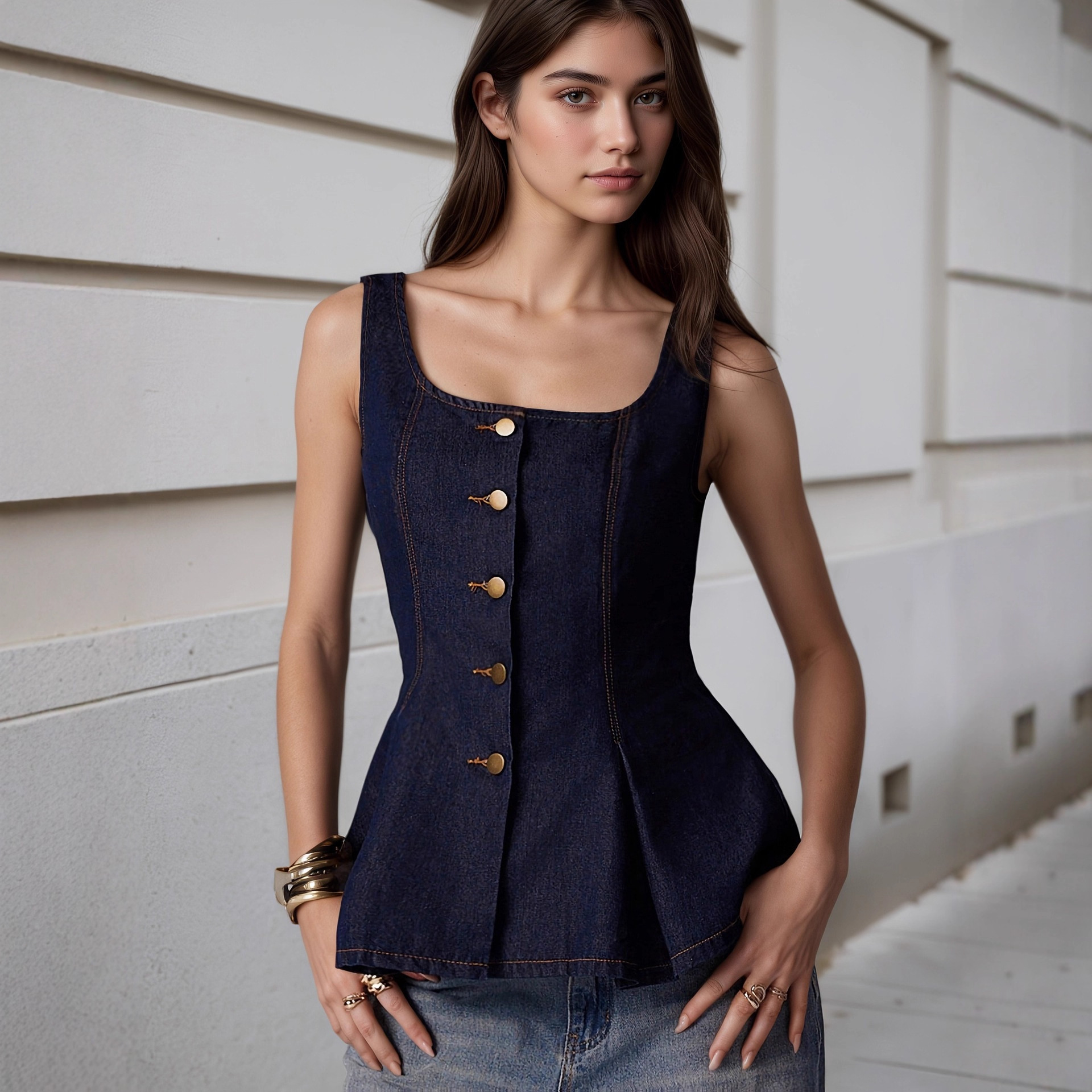 Golden Buttoned Cotton-Polyester Denim-Style Vest