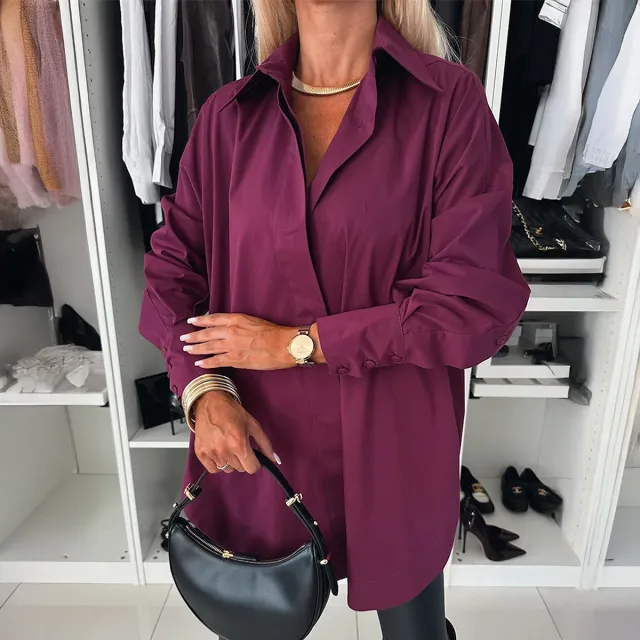 Solid color Button down Long sleeve Versatile Chic Work Shirt Purple - Shop at LoveMi