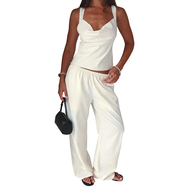 Solid Color Sleeveless Cross Strap Straight-leg Trousers Suit