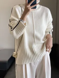 Loose Thickened High Collar Sweater Idle Matching Pure Wool Knit Bottoming Shirt - White - View 1