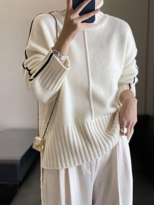 Loose Thickened High Collar Sweater Idle Matching Pure Wool Knit Bottoming Shirt White - Shop at LoveMi