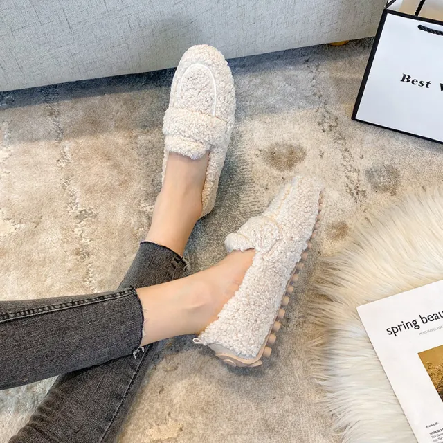 Winter Plush Flats Shoes Ins Fashion Slip On Loafers Women's Warm Peas Shoes White - Shop at LoveMi