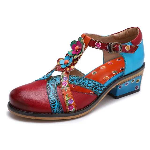 Retro Contrast Color Striped Velcro Chunky Heel Round toe Sandles Red - Shop at LoveMi