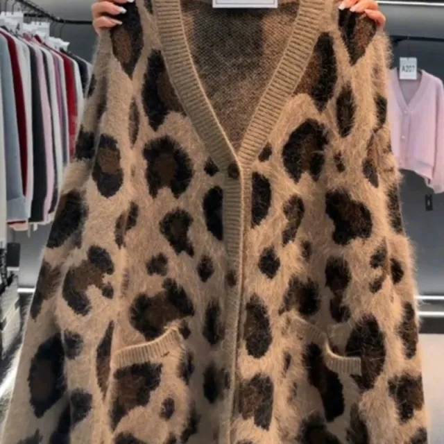 Leopard Print Thick Warm Coat Loose Lazy Knitted Cardigan Sweater Leopard Print - Shop at LoveMi
