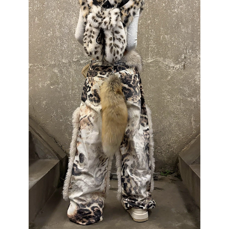Womens American-Style Retro Leopard-Print Plush-Patchwork Denim Jeans